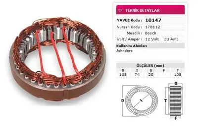 YAVUZ 10 147 Stator Bosch Tıp 12v 33a Johndere Nursan 178112 