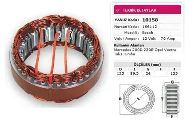 YAVUZ 10 158 Stator Bosch Tıp 12v 70a Merc 200d 230e Opel Vectra Taksı Gurubu Nursan 166112 