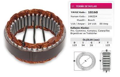 YAVUZ 10 160 Stator Bosch Tıp 24v 55a Pro Cummıns Komatsu Cat Bıcer Nursan 166224 