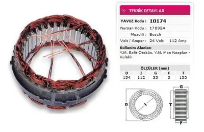 YAVUZ 10 174 Stator Bosch Tıp 24v 112a Ym Safır Otobus Ym Man Neoplan Ym Araclarda Kulaklı Nursan 178924 