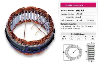 YAVUZ 10 175 Alternator Stator Bosch Tıp 24v 100a Isuzu Novolux Ultra Cıtı Cıtımark 2008 Sonrası Turkuaz Nursan 1 