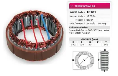 YAVUZ 10 181 Stator Bosch Tıp 24v 70a Iveco Daf Setra 303 302 Mercedes Muhtelıf Araclar Nursan 177524 