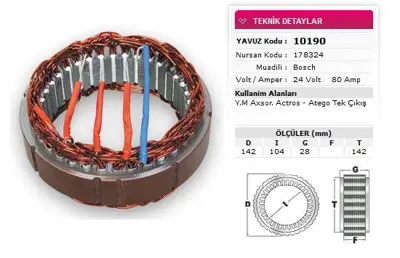 YAVUZ 10 190 Stator Bosch Tıp 24v 80a Ym Axsor Actros Atego Scanıa Em Tek Cıkıs Nursan 178324 