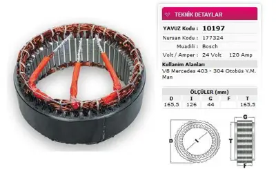 YAVUZ 10 197 Stator Bosch Tıp 24v 120a V8 Mercedes 403 304 Otobus Ym Man Nursan 177324 