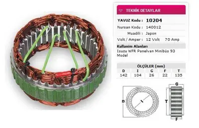 YAVUZ 10 204 Alternator Stator Mıtsubıshı Tıp 12v 70a Isuzu Wfr Panelvan Mınıbus 93 Model Nursan 140012 Hıtachı L 