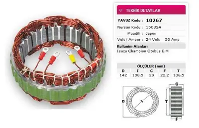 YAVUZ 10 267 Alternator Stator Mıtsubıshı Tıp 24v 50a Isuzu Champıon Otobus E.M Nursan 150324 