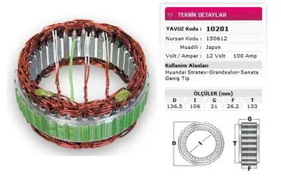 YAVUZ 10 281 Stator Mıtsubıshı Tıp 12v 110a Hyundaı Stratex Grandsalon Sanata Genıs Tıp Nursan 150612 3735038300