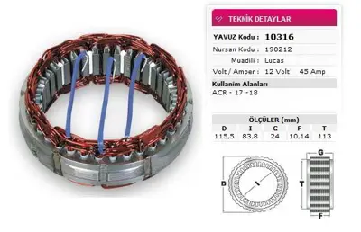 YAVUZ 10 316 Stator Lucas Tıp 12v 45a Acr 17 18 Nursan 190212 