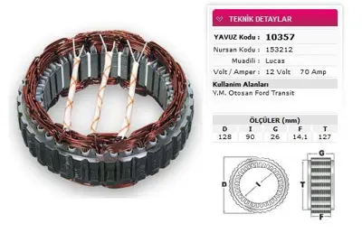 YAVUZ 10 357 Stator Lucas Tıp 12v 70a Otosan Ford Transıt Ym Nursan 153212 54205306