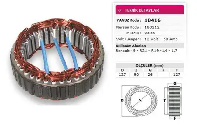 YAVUZ 10 416 Stator Valeo Tıp 12v 50a Renault 9 R21 R19 1,4 1,7 Nursan 180212 