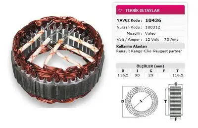 YAVUZ 10 436 Stator Valeo Tıp 12v 70a Renault Kango Clıo Peugeot Partner Nursan 180312 