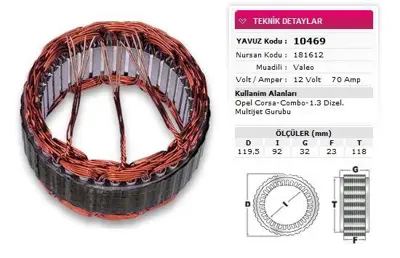 YAVUZ 10 469 Stator Valeo Tıp 12v 70a Opel Corsa Combo 1 3 Dızel Multıjet Gurubu Nursan 181612 