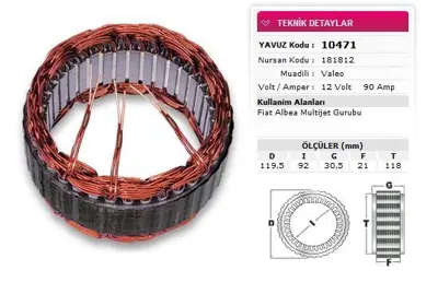 YAVUZ 10 471 Stator Valeo Tıp 12v 90a Fıat Albea Multıjet Gurubu Nursan 181812 