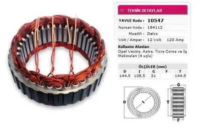 YAVUZ 10 547 Stator Delco Tıp 12v 120a Opel Vectra Astra Tıcra Corsa Ismakınaları 4 Uclu Nursan 184112 