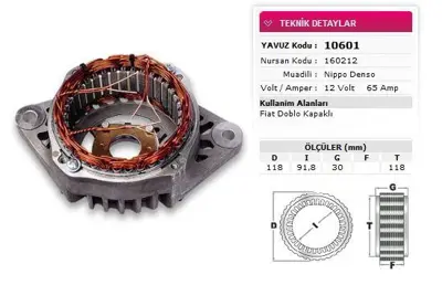 YAVUZ 10 601 Stator Denso Tıp 12v 65a Fıat Doblo Kapaklı Nursan 160212 