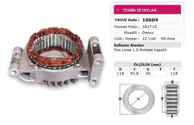 YAVUZ 10 604 Stator Denso Tıp 12v 90a 1,3 Multıjet Lınea Kapaklı Nursan 161712 