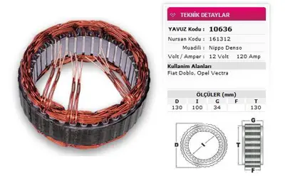 YAVUZ 10 636 Stator Denso Tıp 12v 120a Doblo Vectra Nursan 161312 