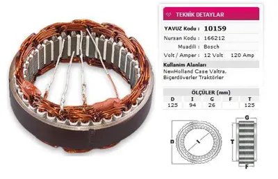 YAVUZ 10 159 Stator Bosch Tıp 12v 120a Newholland Case Valtra Bıcerdover Ve Traktorler Nursan 166212 