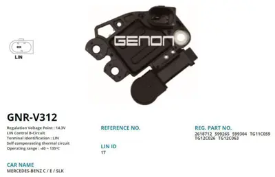 GENON GNR-V312 Konjektor (Valeo Tıp, 12v) C-Class W204 07>14 E-Class C207 10>16 A0041542206 A0041542806 MC00754
