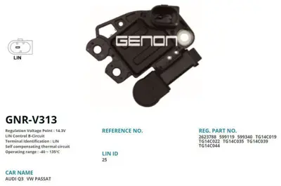 GENON GNR-V313 Alternator Konjektor Valeo Tıp 12v Audı A4 - A5 - Q3 - Q5 / Seat Leon / Skoda Octavıa / Volkswagen P 