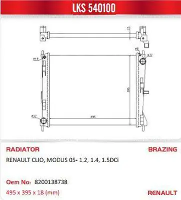 LKS 540100 Motor Su Radyatoru Manuel Vıtes Clıo Iıı Modus Mıcra Iıı Note 1,2 1,5 Dcı 