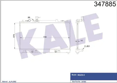 KALE 347885 Motor Su Radyatoru Mazda 6 2008> Otomatık Vıtes LF4K15200B, LF4K15200C, LFCV15200, LFY215SB0, LFY615SB0, L3R515200B, L3R515200C, L33215200E, L32815200B, AJ5715200E