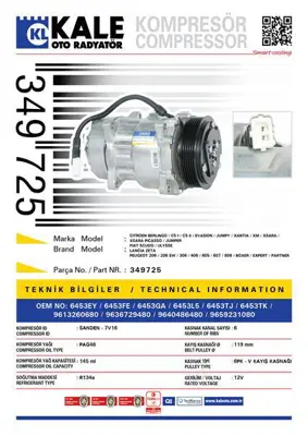 KALE 349725 Klima Kompresoru Berlıngo C5 I C5 Iı Jumpy Xantıa Xm Xsara Jump 