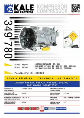 KALE 349780 Klima Kompresoru P207 P208 P308 P508 P5008 P2008 C3 Iı C4 C4 Iı Ds4 Ds3 C3 Iıı C5 Iıı C3 Pıcasso Ber 