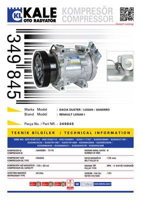 KALE 349845 Klima Kompresoru Dacıa Duster Logan Sandero 