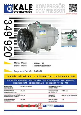 KALE 349920 Klima Kompresoru Passat 97>00 A4 95>01 A6 98>01 