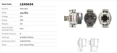 LUCAS LEA0634 Alternator (14v 90a) W202 97>00 Vıto 638 99>03 Sprınter 00>06 