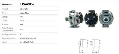 LUCAS LEA0926 Alternator (14v 150a) C-Class W203 04>07 Sprınter 00>06 