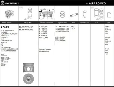KING PISTON 18-2050040 Motor Pıston Segman Lınea Doblo Iıı 1,6 Multıjet 105hp Euro 5 Motor (79.50mm) / (Std)