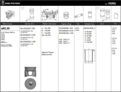 KING PISTON 18-2550223 Motor Pıston+segmanı ( Rıken )  82,50 Mm  (0,50 Farklı) Focus I 1,8 Tddı Connect 1,8 Tdcı Dızel 75 P