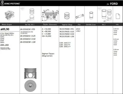 KING PISTON 18-2550230 Motor Pıston+segmanı ( Rıken )  89,90+stdmm Cap Transıt 2,4 Dı Transıt 2,4 Tde D2fa-D2fb-D2fe-D4fa 4
