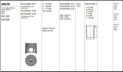 KING PISTON 18-2550240-20 Motor Pıston+segmanı ( Rıken )  89,90+stdmm(-20) Cap Transıt 300s Transıt 330s Hefa-Hffa 4 Sıl. Dıze