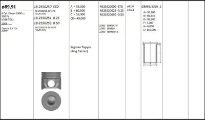 KING PISTON 18-2550250-20 Motor Pıston+segmanı ( Rıken )  89,91+stdmm(-20) Cap Transıt 2,4 Tdı 2006> V348 Tdcı 4 Sıl. Dızel 24