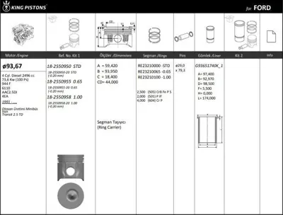 KING PISTON 18-2550955-20 Motor Pıston+segmanı ( Rıken )  93,67+0,65mm(-20) Cap Otosan Uretımı Mınıbus Van Transıt 2.5 Td 944 