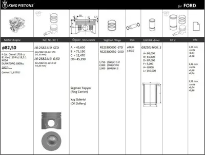 KING PISTON 18-2582110-20 Motor Pıston+segmanı ( Rıken )  82,50+stdmm(-20) Cap Connect 1,8 Tdcı Kkda-Duratorq 1800cc 4 Sıl. Dı