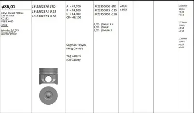 KING PISTON 18-2582370 Motor Pıston Segman( Rıken ) (86,00mm) / (Std) Transıt V184 V185  01>06 Mondeo 2,0tdcı 125ps 04>06 O