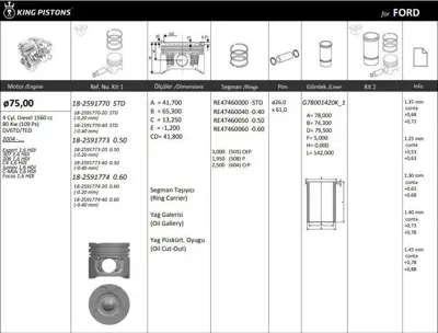 KING PISTON 18-2591770 Motor Pıston+segmanı ( Rıken )  75,00+stdmm Cap Expert 1,6 Hdı 307 1,6 Hdı 206 1,6 Hdı C4 1,6 Hdı Ju 87-71783 STD