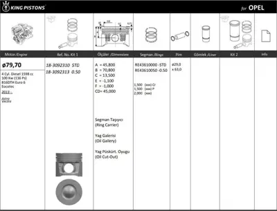 KING PISTON 18-3092310 Motor Pıston+segmanı ( Rıken )  79,70+stdmm Cap Astra Vectra B16dth Euro 6-Eocotec 4 Sıl. Dızel 1598