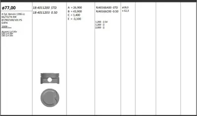 KING PISTON 18-4011200 Motor Pıston+segmanı ( Rıken )  77,00+stdmm Cap Accent 1,4 16v-I20 1,4 16v-I30 1,4 16v G4fa 4 Sıl. B