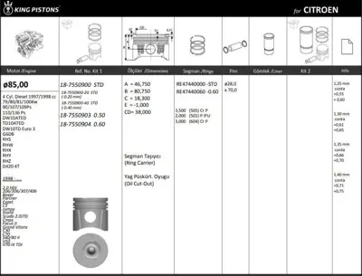 KING PISTON 18-7550900 Motor Pıston Segman P206 P307 P406 Partner Iı Scudo Iı Expert Iı Jumpy Iı Berlıngo Iı C5 2,0jtd Dw10 87-71796-STD-