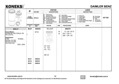 KONEKS 206530 Pıston + Segman Std. (Om646.9, 88,01mm, 30 Pım) W203 00>07 C209 05>09 W211 02>08 Vıto W639 03> Sprın 6110301017 6460300117 6460300917 6460301017 6470300017 6470300117 A6110301017 A6460300117 A6460300917 A6460301017