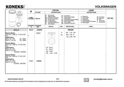KONEKS 239550 Pıston+segman (76,51mm Std) Golf Iv Bora Toledo Iı Leon 1,6 16v 105ps Bcb Azd Aus Atn 00>06 36107065AH 36107065AP 36107065BS