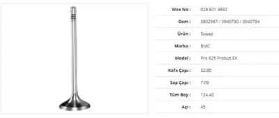 WAX 028 E01 3692 Subap Egzoz Bmc Profesyonel 625 32,8kx7sx124,4bx45a (12adet) Daf Cf 	temsa Tourmalın Tourmalın 12, T 