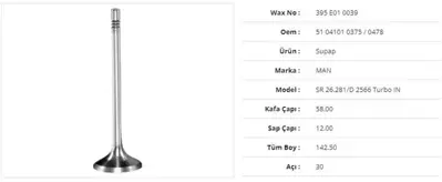 WAX 395 E01 0039 Subap Emme Man Sr 26.281/D 2566 Turbo 58kx12sx142,5bx30a (6adet) 