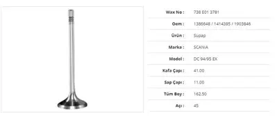 WAX 738 E01 3781 Subap Egzoz Scanıa Dc 94/95 41kx11sx162,5bx45a (6adet) 