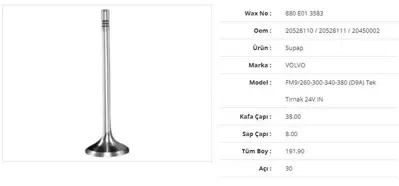 WAX 880 E01 3583 Subap Emme Volvo Fm9/260-300-340-380(D9a ) Tek Tırnak 24v 38kx8sx191,9bx30a (12adet) 